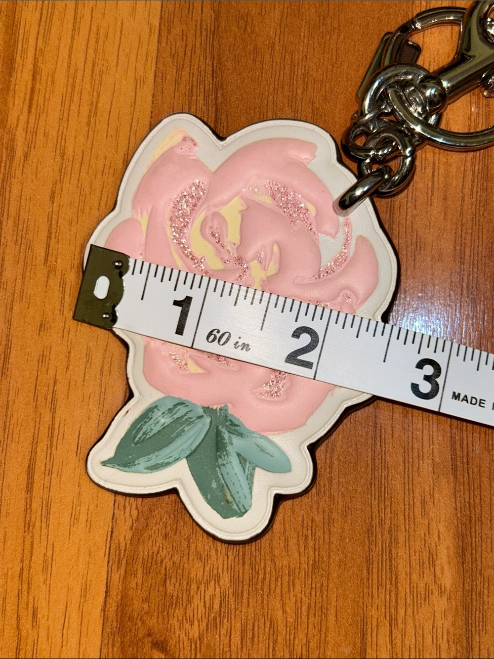 Coach Tea Rose Pink Glitter Leather Bag Charm Keychain - Picture 5 of 12